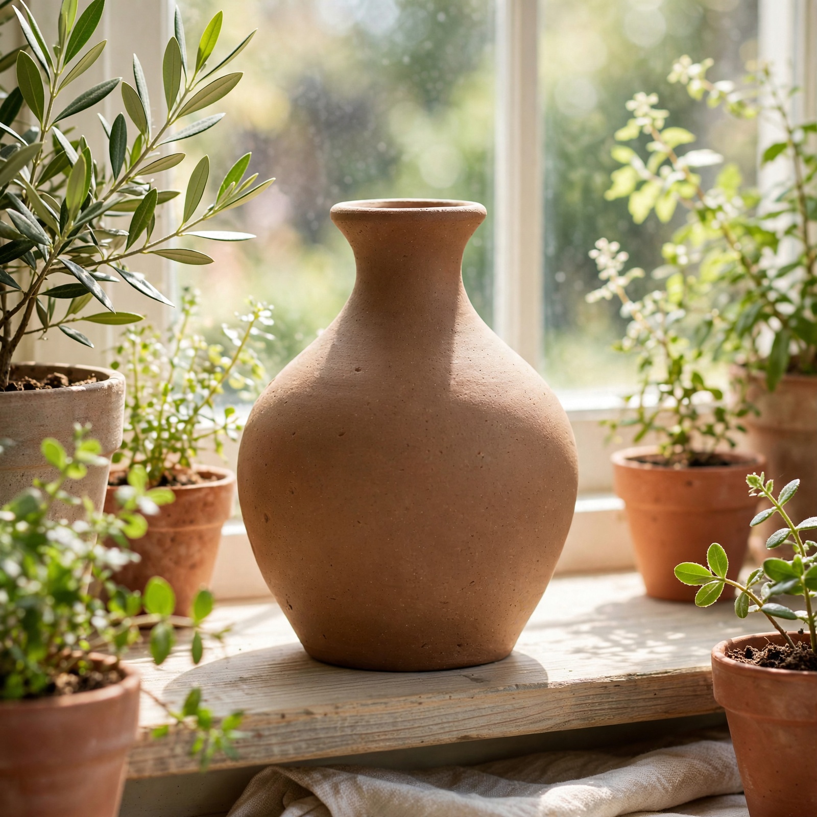 The same ceramic pot, now placed on a windowsill among plants