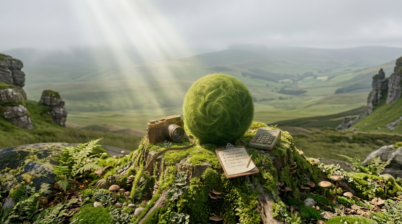 A moss ball with a camera, calculator, and checklist on a mossy stump in a sunlit field