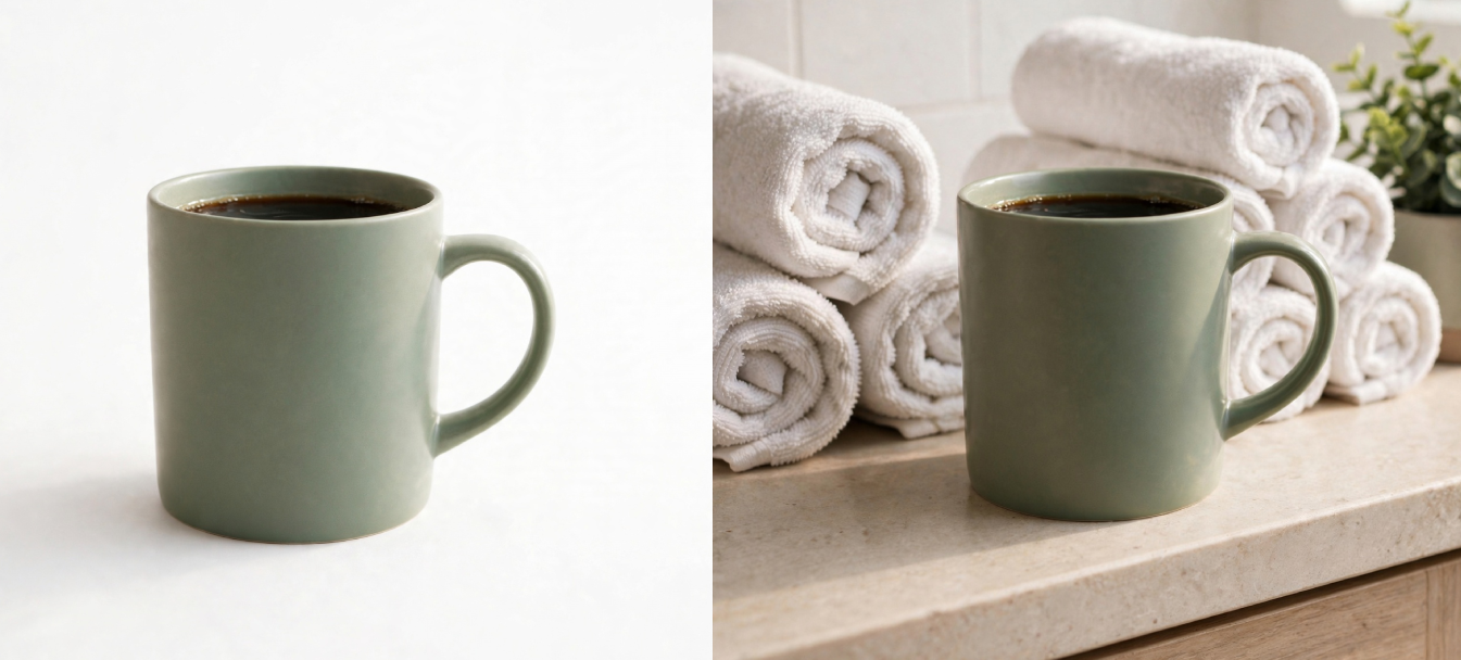 AI Image Studio example: the same image shown as a clean product shot and in a styled scene